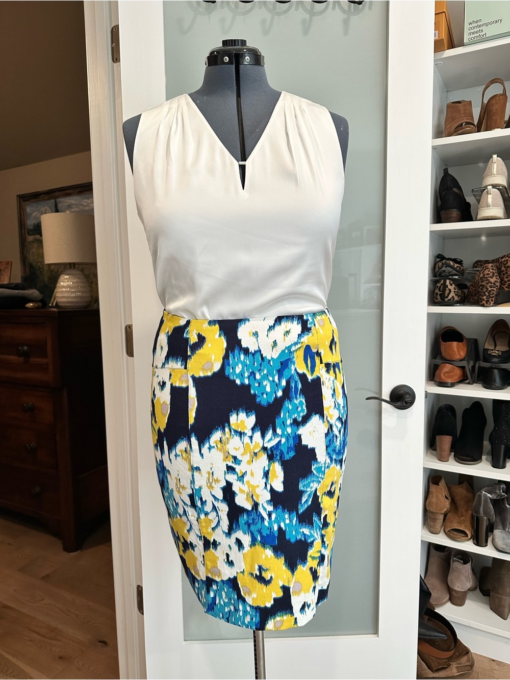 Lysse Floral Pencil Skirt in Navy, Blue & Yellow